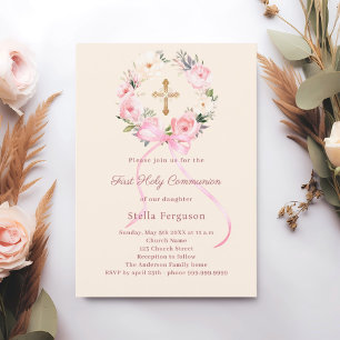 Ivory blush florals bow cross First Communion Invitation
