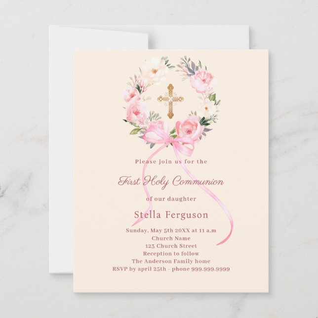 Ivory blush florals bow First Communion invitation (Front)