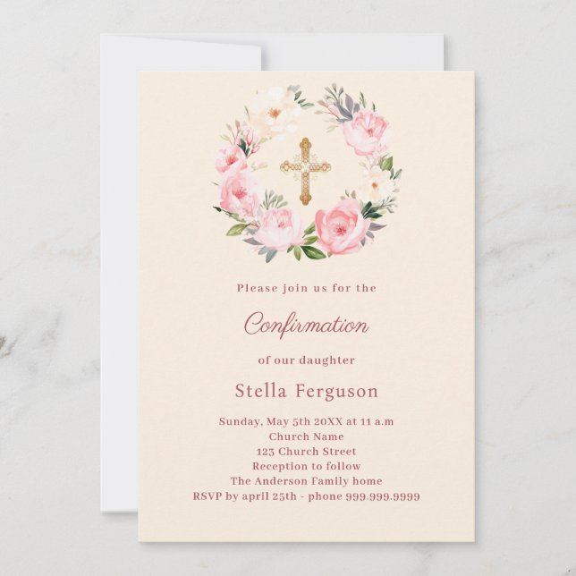Ivory blush florals cross Confirmation Invitation (Front)