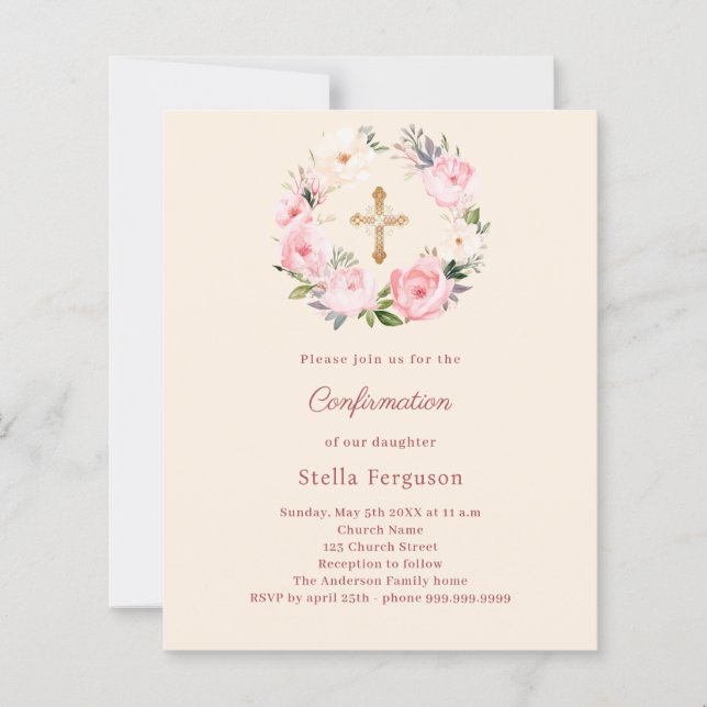 Ivory blush florals cross Confirmation invitation (Front)