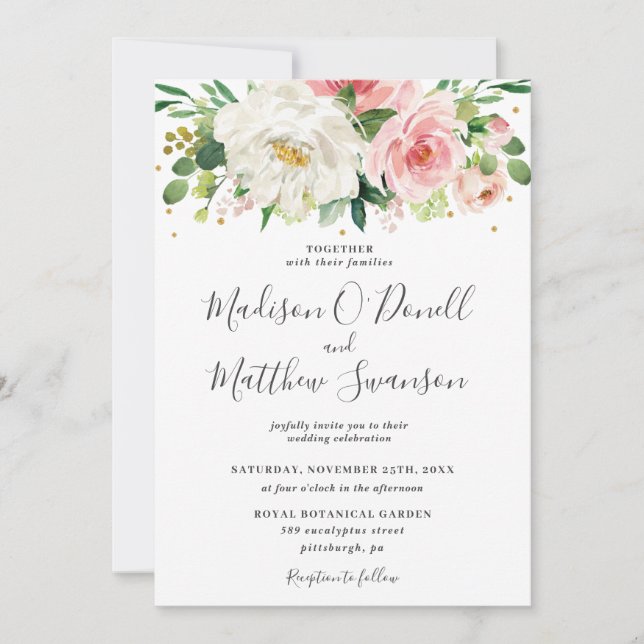 Ivory Blush Pink Floral Greenery Wedding Invitation (Front)