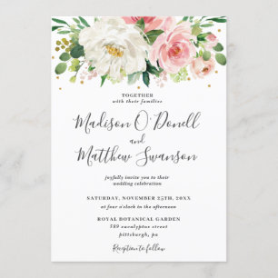 Ivory Blush Pink Floral Greenery Wedding Invitation