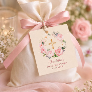 Ivory blush pink floral wreath First Communion DIY Favour Tags