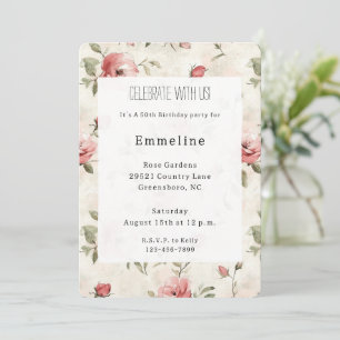 Ivory Blush Pink Roses Floral Birthday Invitation