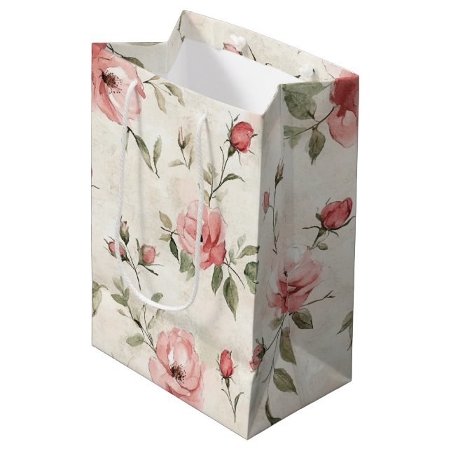 Ivory Blush Pink Roses Floral Bridal Shower Medium Gift Bag (Front Angled)