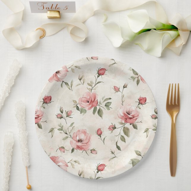 Ivory Blush Pink Roses Floral Bridal Shower Paper Plate (Wedding)