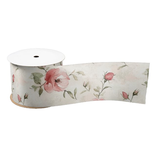Ivory Blush Pink Roses Floral Bridal Shower Satin Ribbon (Spool)