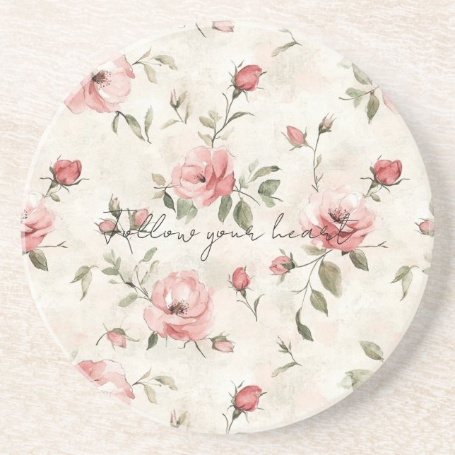 Ivory Blush Pink Roses Floral Coaster (Front)