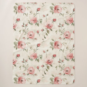 Ivory Blush Pink Roses Floral Sherpa Blanket