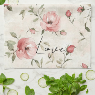 Ivory Blush Pink Roses Floral   Tea Towel