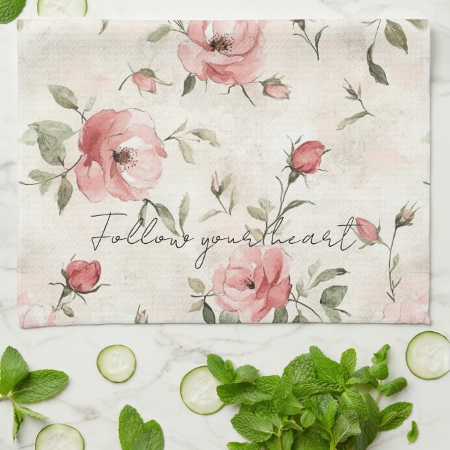 Ivory Blush Pink Roses Floral Tea Towel (Folded)