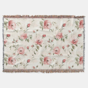 Ivory Blush Pink Roses Floral Throw Blanket