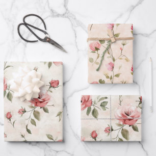 Ivory Blush Pink Roses Floral Wrapping Paper Sheet