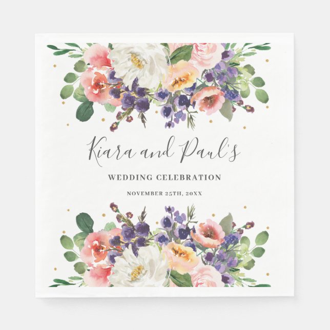 Ivory Blush Purple Peach Floral Greenery Wedding Napkin (Front)