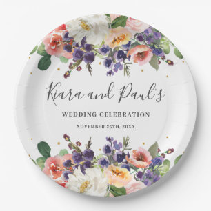 Ivory Blush Purple Peach Floral Greenery Wedding Paper Plate