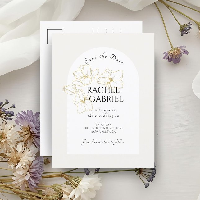 Ivory | Boho Arch Gold Floral Wedding  Postcard (Creator Uploaded)