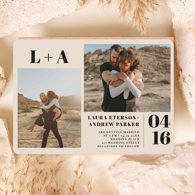 Ivory bold  minimalist initials 2 photos wedding invitation (Creator Uploaded)