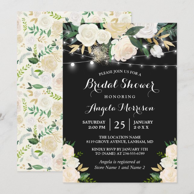 Ivory Botanical Floral String Lights Bridal Shower Invitation (Front/Back)