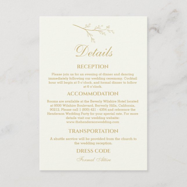 Ivory Botanical Minimalist Wedding Details  Enclosure Card (Front)