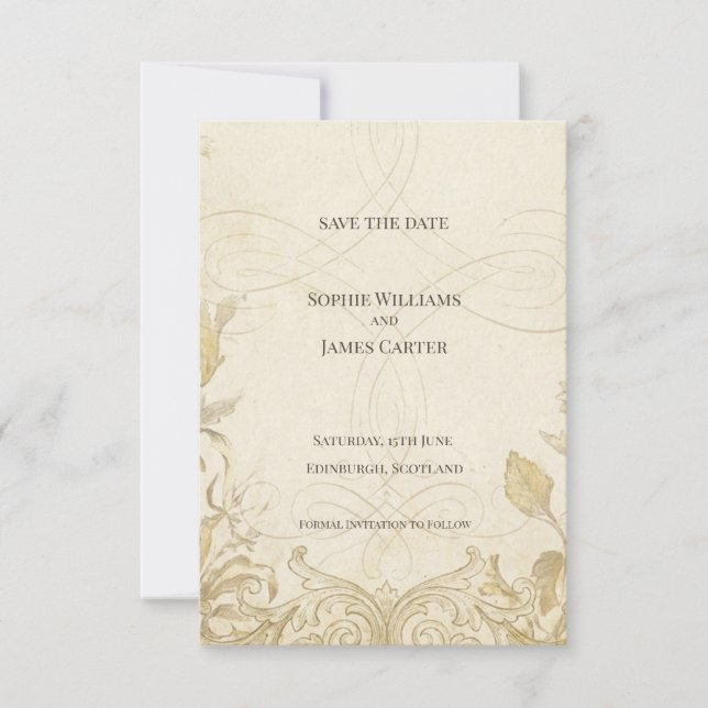 Ivory Botanical Scroll Save the Date Card (Front)