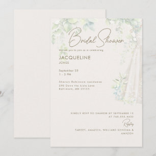 Ivory Botanical Wedding Dress Bridal Shower  Invitation