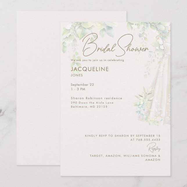 Ivory Botanical Wedding Dress Bridal Shower  Invitation (Front/Back)
