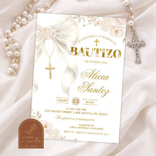 Ivory Bow Coquette Rosary bautizo Invitation