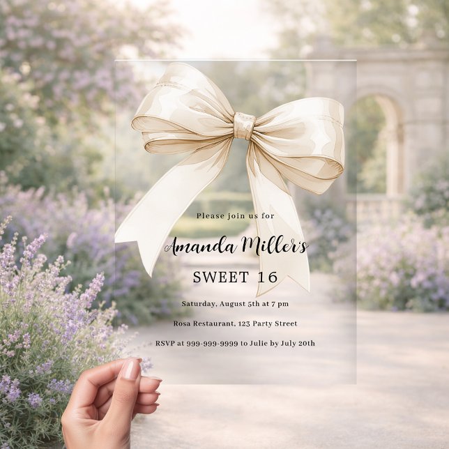 Ivory bow elegant clear Sweet 16 luxury Acrylic Invitations (Creator Uploaded)