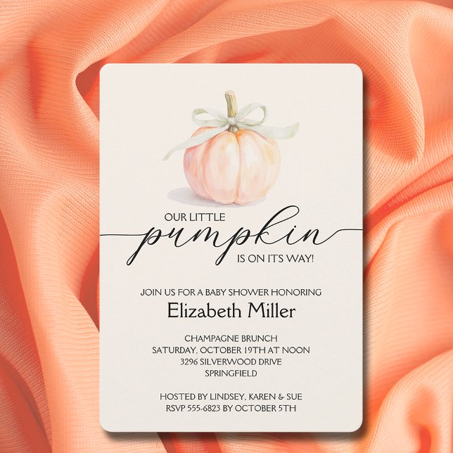 Ivory Bow Little Pumpkin Baby Shower Invitation (Ivory ribbon and bow little pumpkin gender-neutral baby shower invitations)