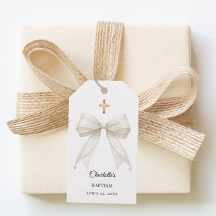 Ivory bow pearls Baptism DIY Gift Tags