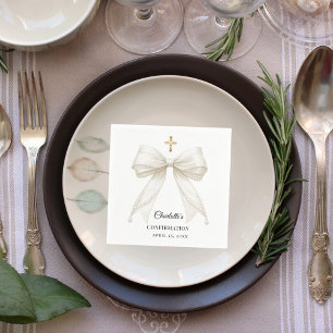 Ivory bow pearls elegant Confirmation Napkin