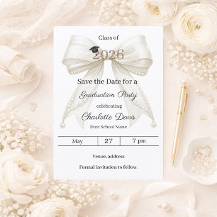 Ivory bow pearls elegant girl Graduation party Save The Date