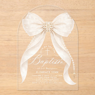 Ivory Bow Pearls Girl Baptism Religious Acrylic Invitations
