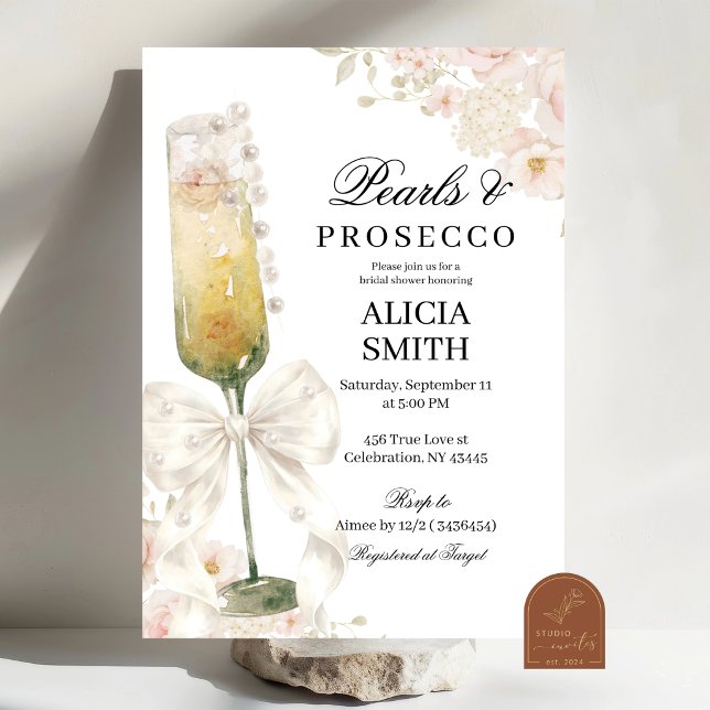 Ivory Bow Pearls & Prosecco Bridal Shower Invitation (Creator Uploaded)