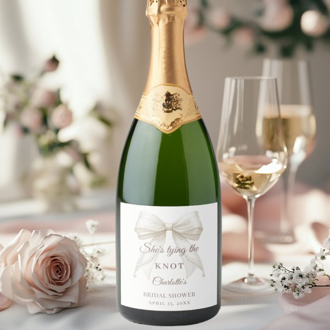 Ivory bow pearls tying the knot Bridal Shower Sparkling Wine Label (Creator Uploaded)