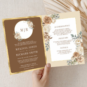 Ivory Brown Beige Floral Gold All in One Wedding Invitation