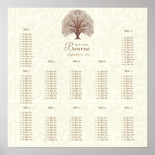 Ivory Brown Floral Pattern Tree Seating 12 Tables Poster (Front)