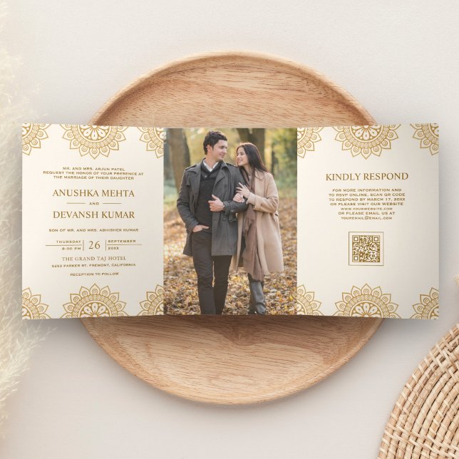 Ivory Brown Mandala Ethnic QR Code Indian Wedding Tri-Fold Invitation (Creator Uploaded)