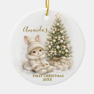 Ivory Bunny Rabbit First Christmas Keepsake Girl Ceramic Tree Decoration
