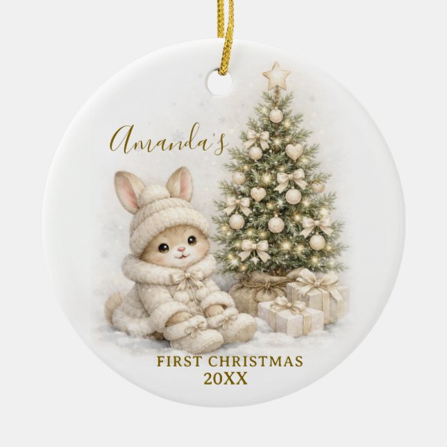 Ivory Bunny Rabbit First Christmas Keepsake Girl Ceramic Tree Decoration (Front)
