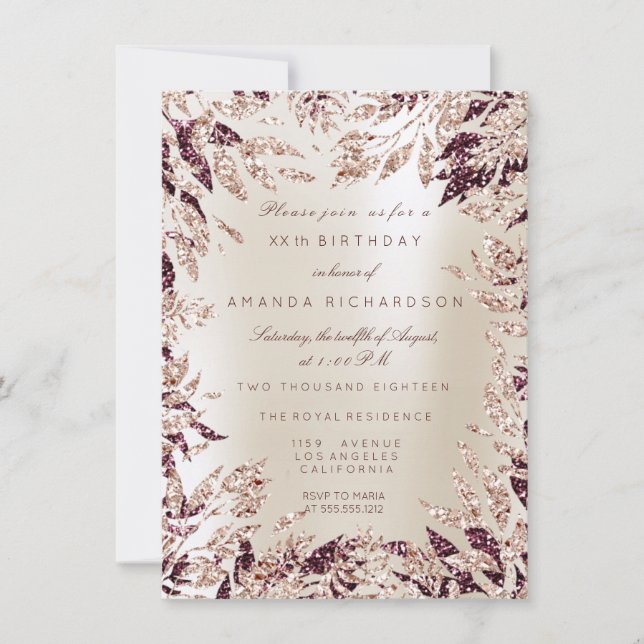 Ivory Burgund Rose Gold Glitter Leafs Floral Frame Invitation (Front)