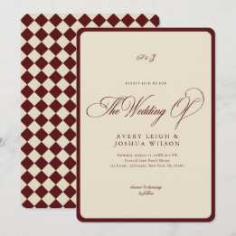 Ivory & Burgundy Checkered Border Retro Wedding Invitation
