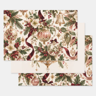 Ivory Burgundy Christmas Botanical Patterns Wrapping Paper Sheet