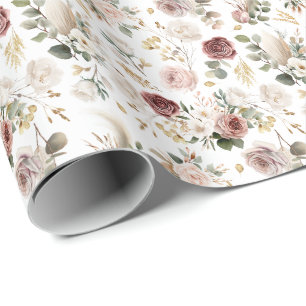 Ivory & Burgundy Floral Fall Bridal Shower Wrapping Paper