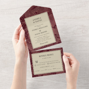 Ivory & Burgundy Lace Wedding All In One Invitation