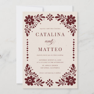 Ivory & Burgundy Mexican Paper Picado Wedding Invitation