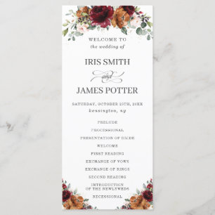 Ivory Burgundy Orange Floral Wedding Program Programme