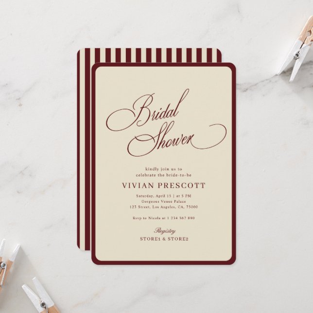Ivory Burgundy Stripes Border Retro Bridal Shower Invitation (Front/Back In Situ)