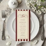 Ivory & Burgundy Stripes Border Retro Wedding Menu<br><div class="desc">This ivory & burgundy stripes border wedding menu blends a retro vintage-timeless aesthetic with elegant contemporary script typography for a playful yet refined look. The rich deep burgundy and cream tones create a warm old-money fall / winter mood with subtle whimsical charm. Designed to coordinate with the matching Ivory &...</div>