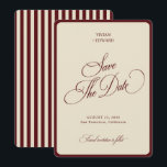 Ivory & Burgundy Stripes Border Retro Wedding Save The Date<br><div class="desc">Announce your special day in style with this vintage/retro deep red and beige cream striped save the date, featuring a retro border and elegant color palette. Perfect for modern, romantic, or preppy weddings, this pastel stripe design captures a refined, timeless look. Ideal for fall and winter celebrations, it adds a...</div>